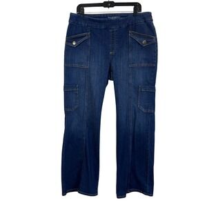 Chicos Pull On Bootcut Cargo Jeans Dark Wash Blue Size 2.5R US 14R (O590)